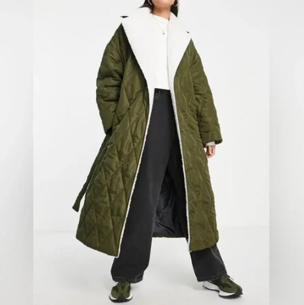 New TOPSHOP Nordstrom Quilted Borg Trim Trench Coat Size 6 Green! SO good!
